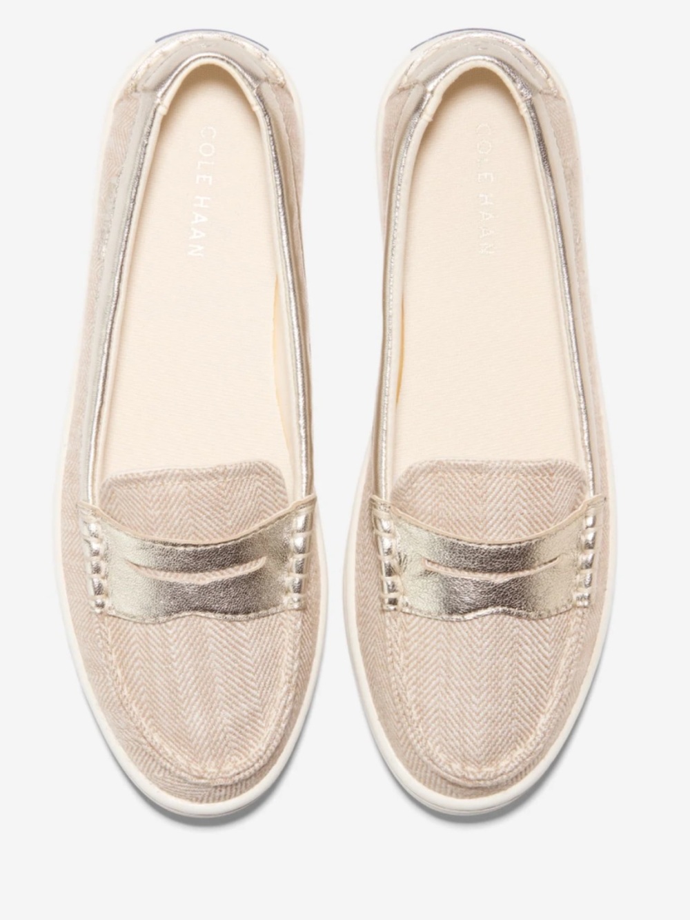 Cole Haan Women’s Beige/ Gold Penny Loafers; Size 9 1/2